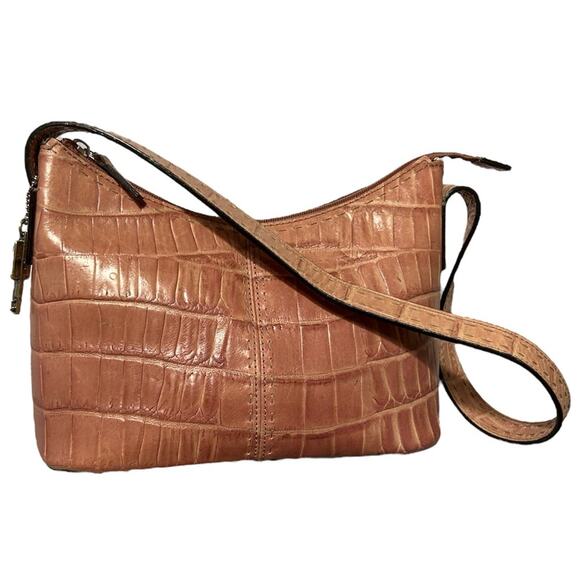 Fossil Croc Embossed Small Leather Hobo Shoulder Baguette bag Pink - Picture 1 of 11